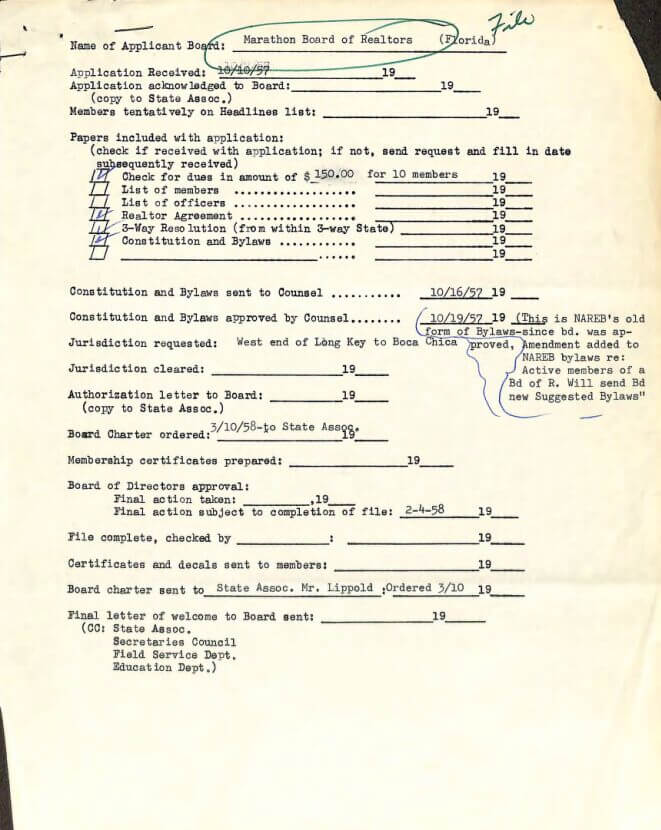 October 10, 1957 Marathon Board of Realtors application to charter 
