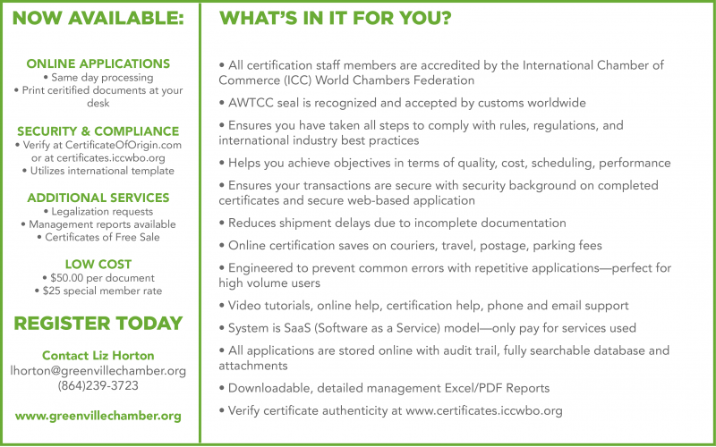 Certificate of Origin flyer listing benefits and how to register