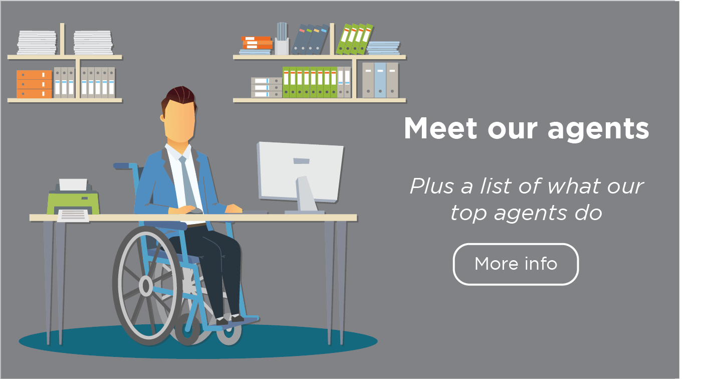 Illustrated graphic reading "Meet our agents" with a person at a desk