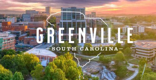 Aerial view of downtown Greenville with text reading "Greenville, South Carolina"
