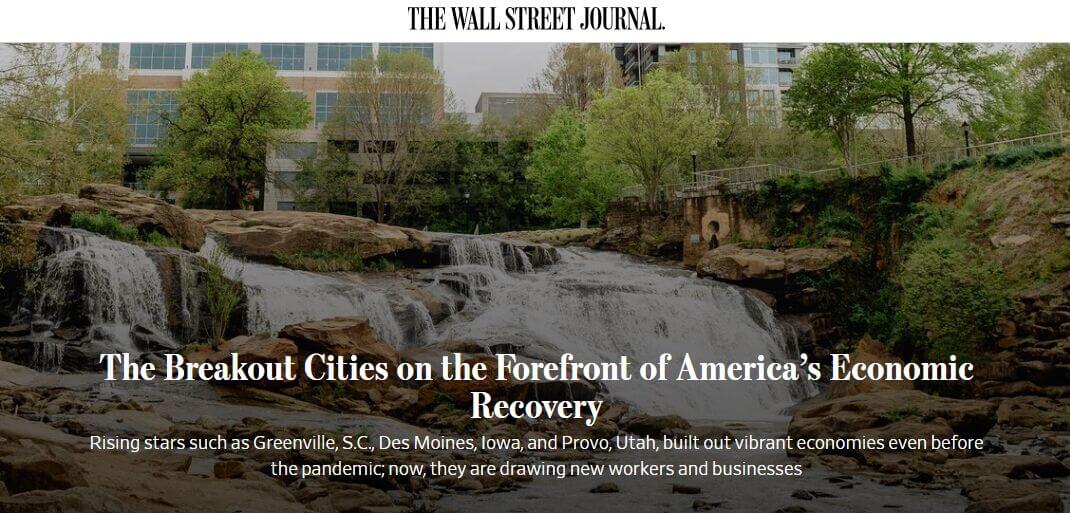 Wall Street Journal article headline reading "The Breakout Cities on the Forefront of America's Economic Recovery" over a photo of Falls Park