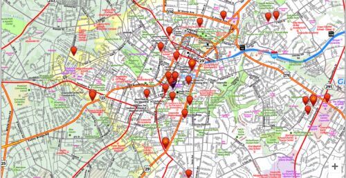 Street map of Greenville with location markers