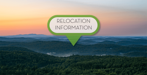 Graphic reading "Relocation Information" over a mountain sunset