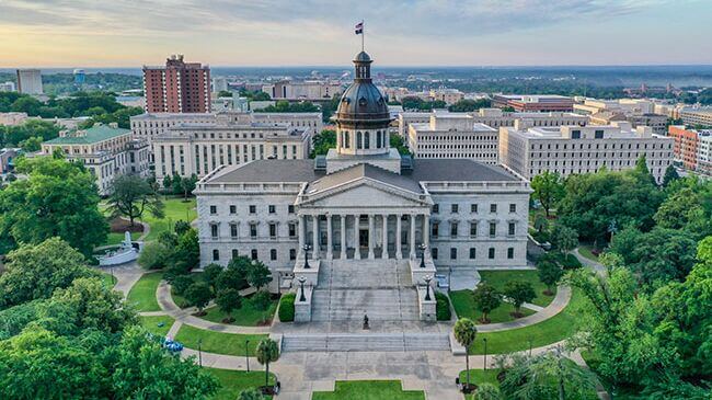 Aerial view of the South Carolina State House and downtown Columbia