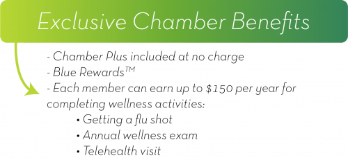 Graphic listing exclusive Chamber benefits: Chamber Plus at no charge, Blue Rewards, and up to $150 per year for completing wellness activities such as a flu shot, annual wellness exam and telehealth visit