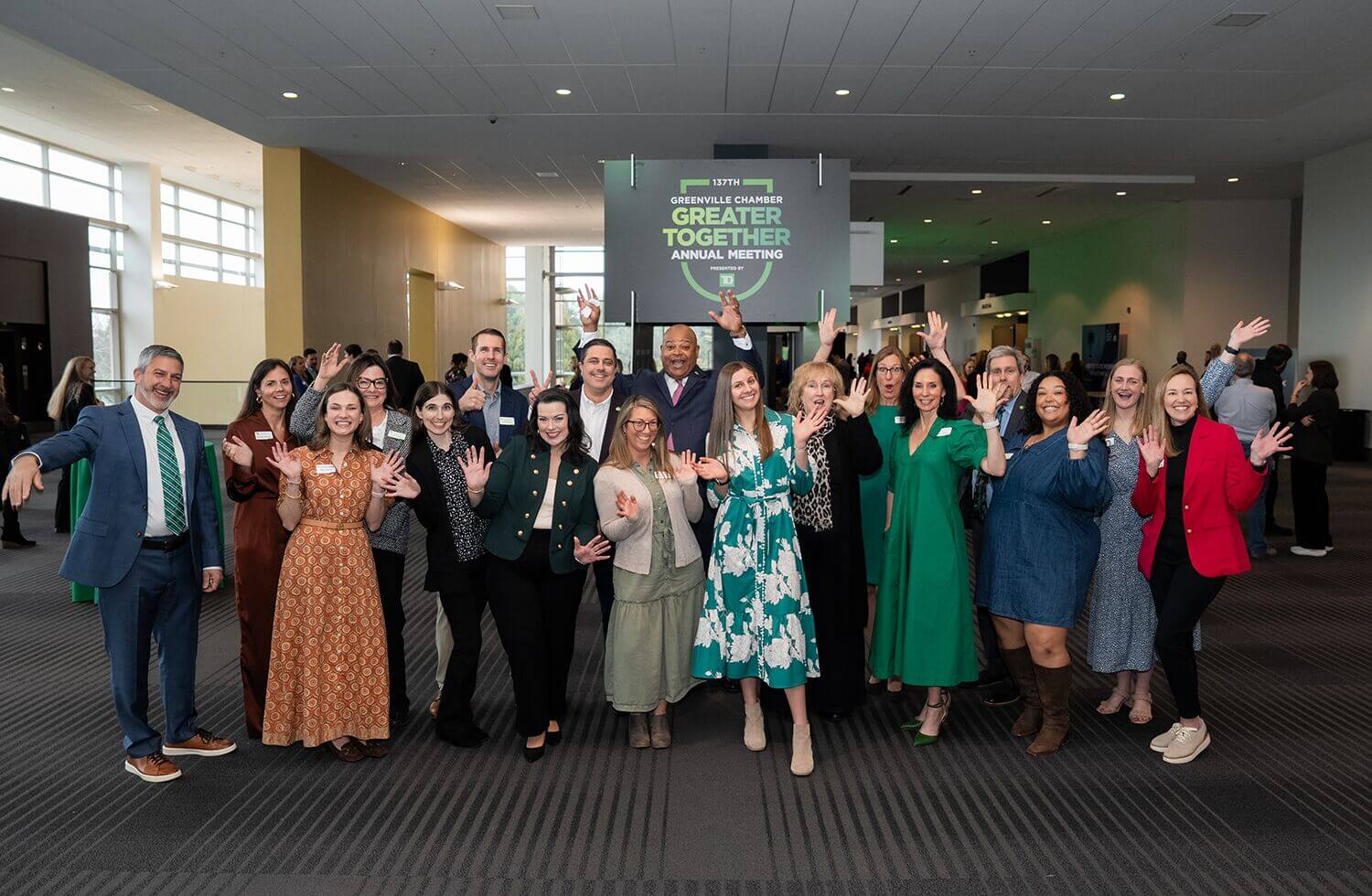 Greenville Chamber staff group photo in an event room