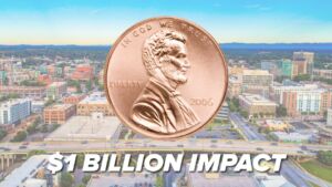 Graphic of a penny over the Greenville skyline reading "$1 Billion Impact"
