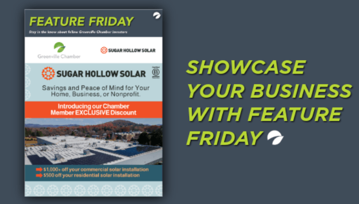 Feature Friday promotional graphic reading "Showcase your business with Feature Friday" featuring Sugar Hollow Solar