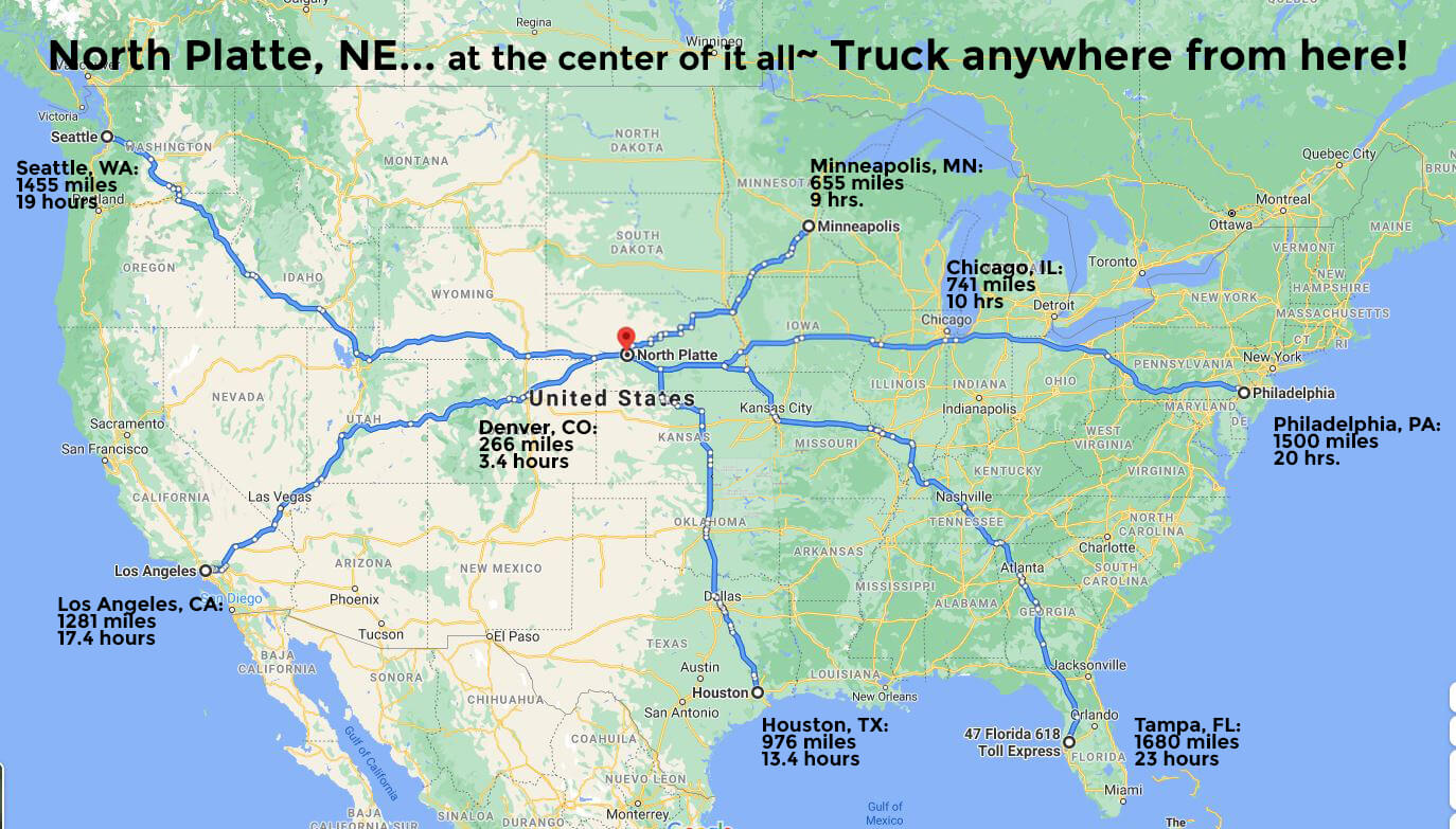 map showing distance to North Platte from other major US cities