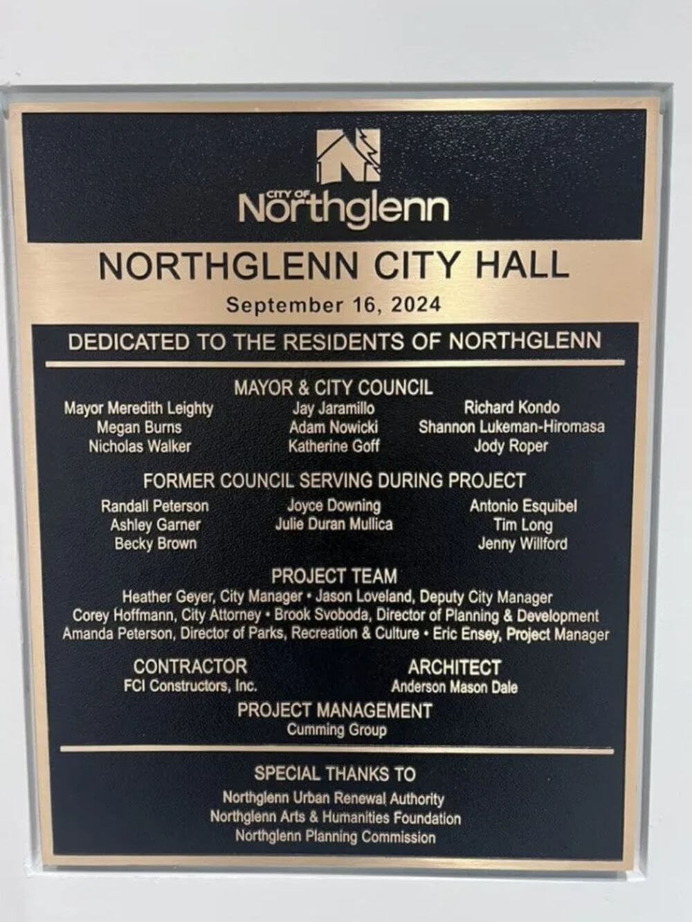 City of Northglenn city hall dedication sign