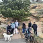 group of hikers standing on trail with four dogs