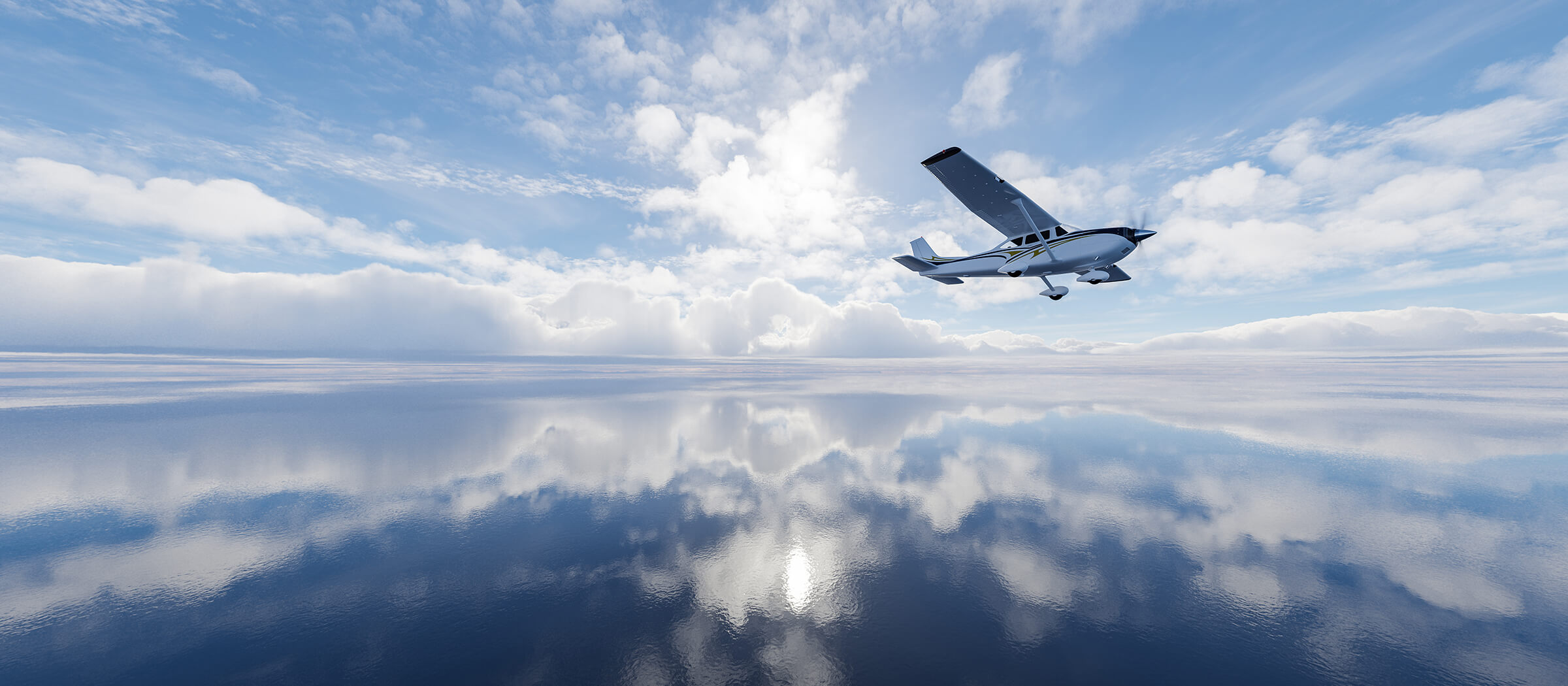 Single Engine Airplane flying over dramatic landscape at sunny day