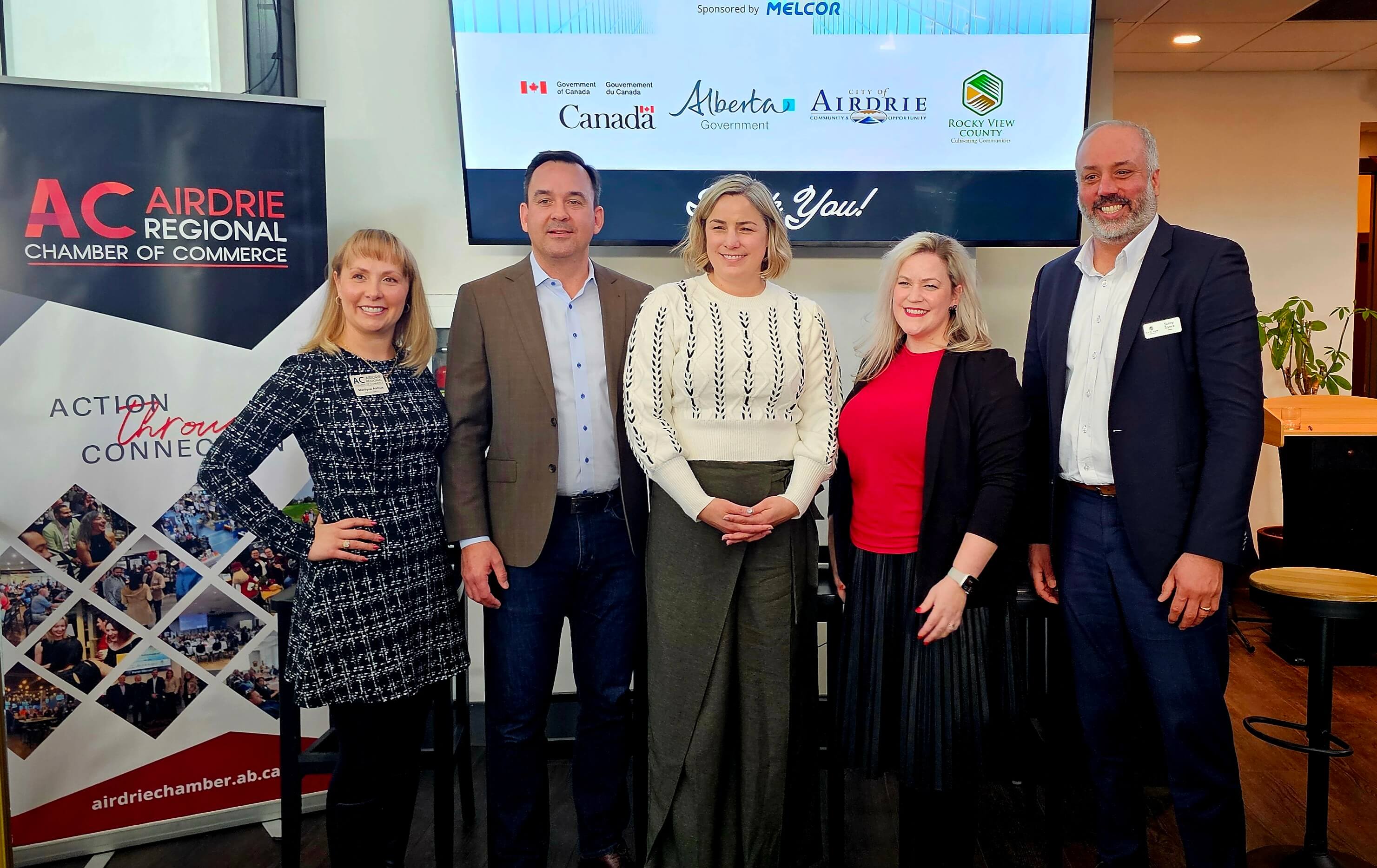 Airdrie Regional Chamber of Commerce hosts All Levels of Government at Brella Vida in Airdrie, Alberta. Executive Director Marilyne Aalhus, MP Blake Richards, MLA Angela Pitt, Mayor Heather Spearman and Reeve Sunny Samra