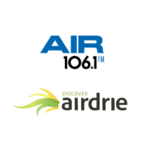 AIR 106.1 FM radio logo with the tagline "Discover Airdrie"