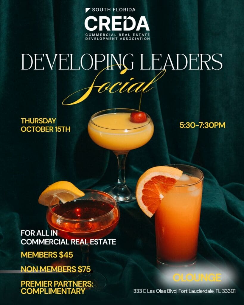 Promotional graphic for the CREDA Developing Leaders Social on Thursday, October 15, featuring cocktails, with member, non-member, and premier partner pricing