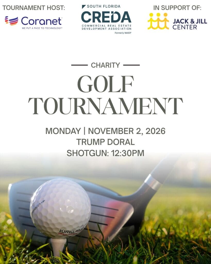 Promotional graphic for the CREDA Charity Golf Tournament, Monday, November 2, 2026 at Trump Doral, shotgun start 12:30 PM, in support of the Jack & Jill Center