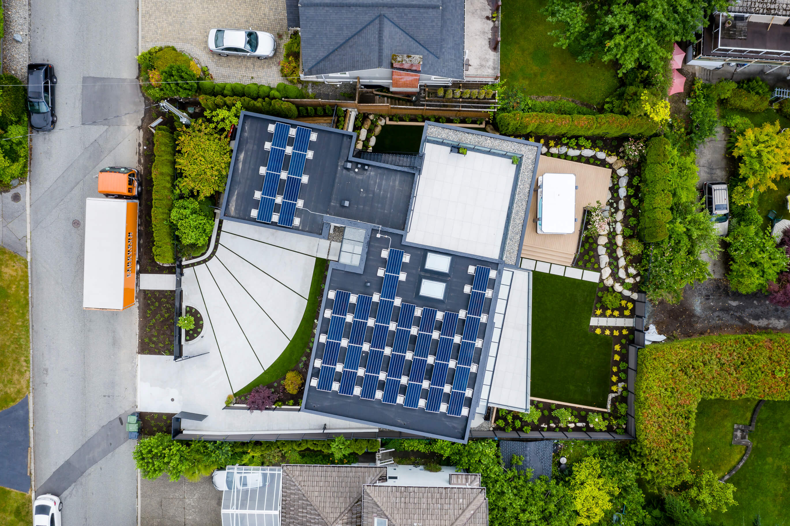 aerial of solar panels on roof