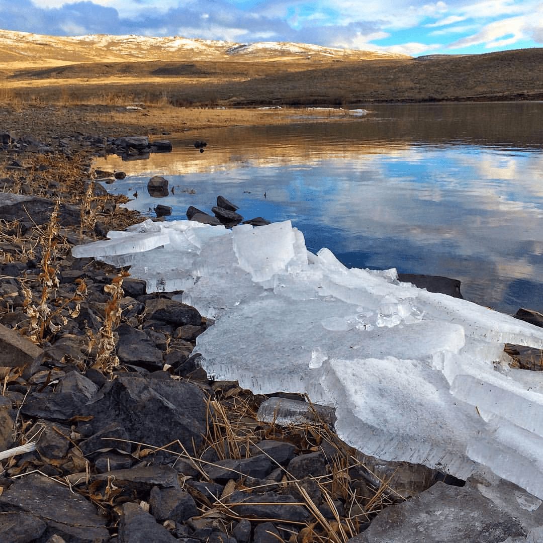 Ice on the shore of Thief Valley Reservoir