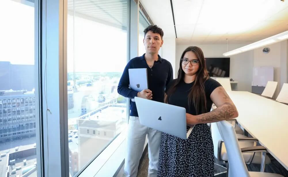 Darion Ducharme, founder of Teqare, and executive director Kendra Halabura at 201 Portage Ave. Ducharme will be a panelist at next week’s Indigenous Chamber of Commerce luncheon.