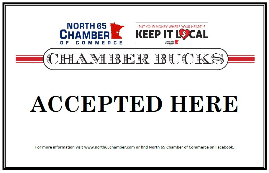Chamber Bucks Accepted Here sign