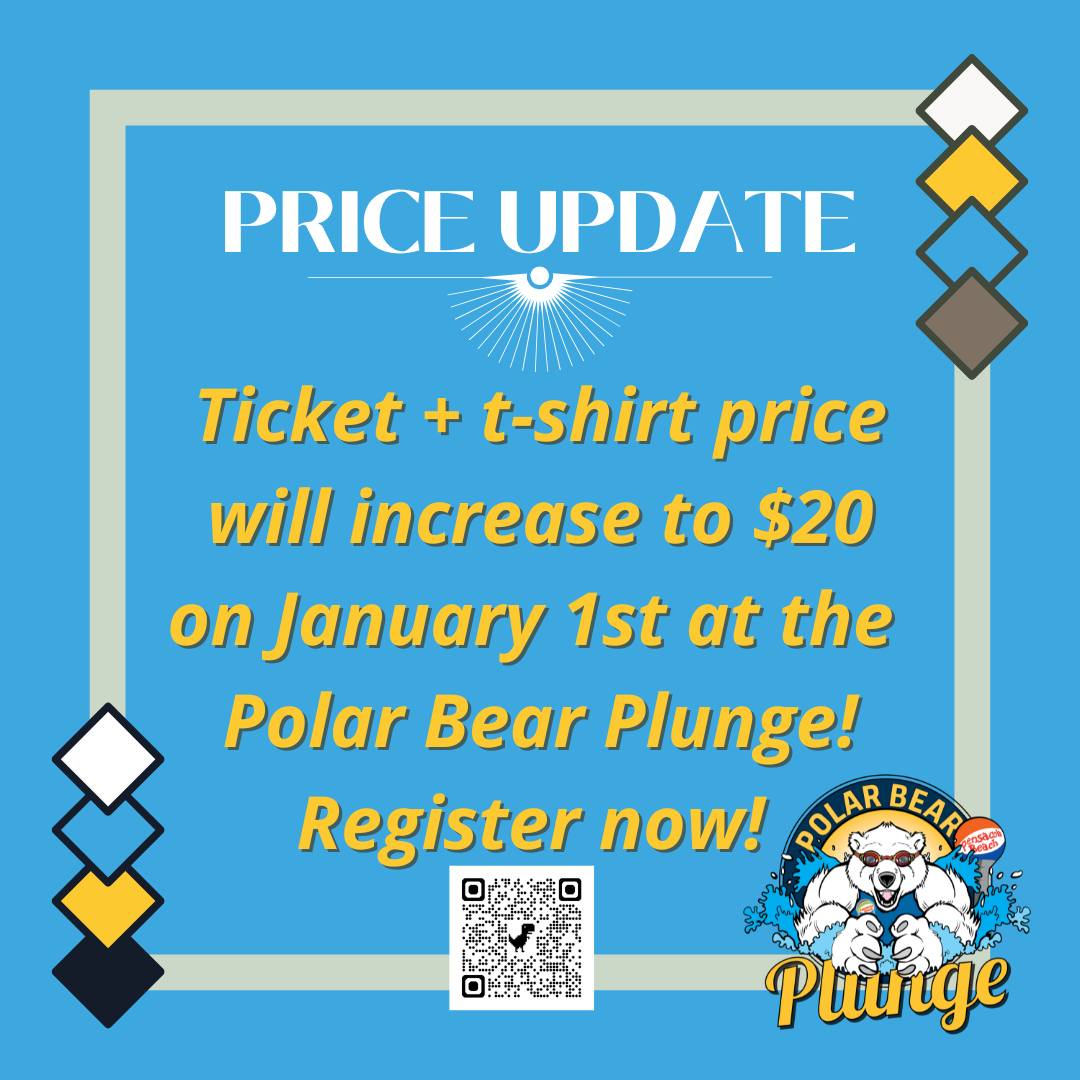 Ticket + t-shirt price will increase to $20 on January 1st at the Polar Bear Plunge! Register now!