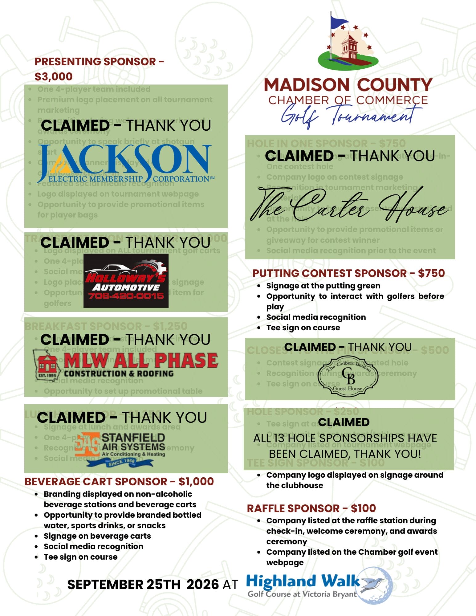 Golf Sponsorships As of 08.14