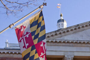 Close up view of the Maryland state flag waving in front of the capitol state house in Annapolis, MD, with a tree branch and blue sky in the background.
