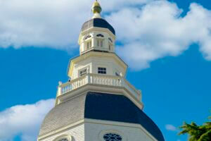 A closeup on the Maryland State House dome on a sunny day in Annapolis.
