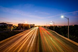 The Jones Falls Expressway at night, seen from the Howard Street Bridge in Baltimore, Maryland.