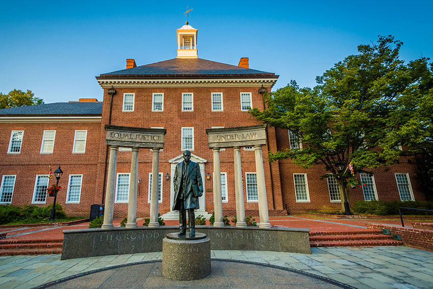 Thurgood Marshall Statue and Memorial in Annapolis located on the State House Square in front of a historic brick building