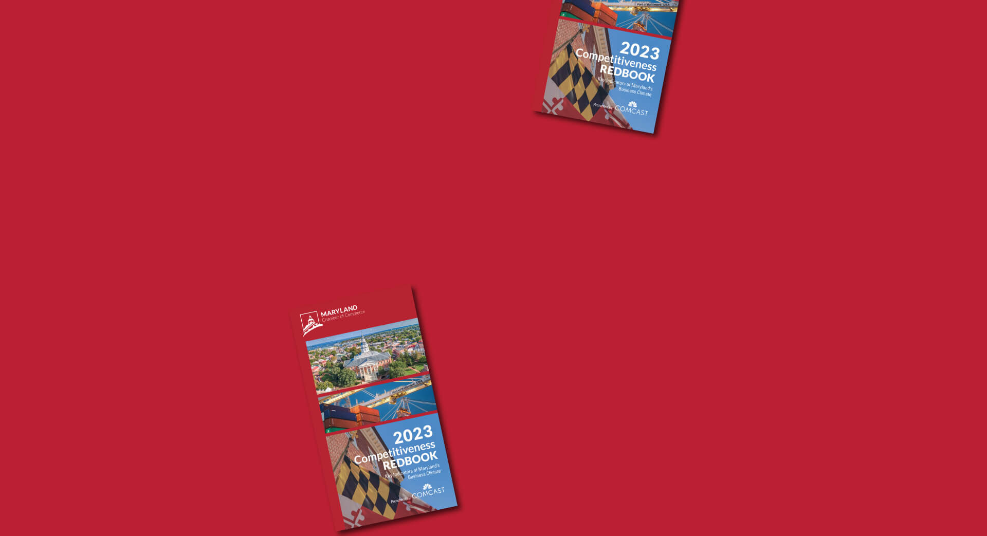 The front cover of the Maryland Chamber of Commerce’s 2023 Competitiveness Redbook, which includes numerous charts providing information about where Maryland ranks in terms of key economic indicators versus other states on a red background.