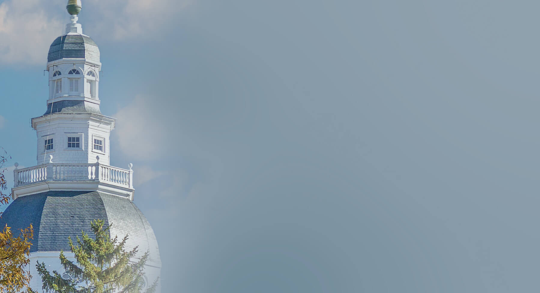 A photo showing the top of the Maryland State House dome and trees with a faded blue background.