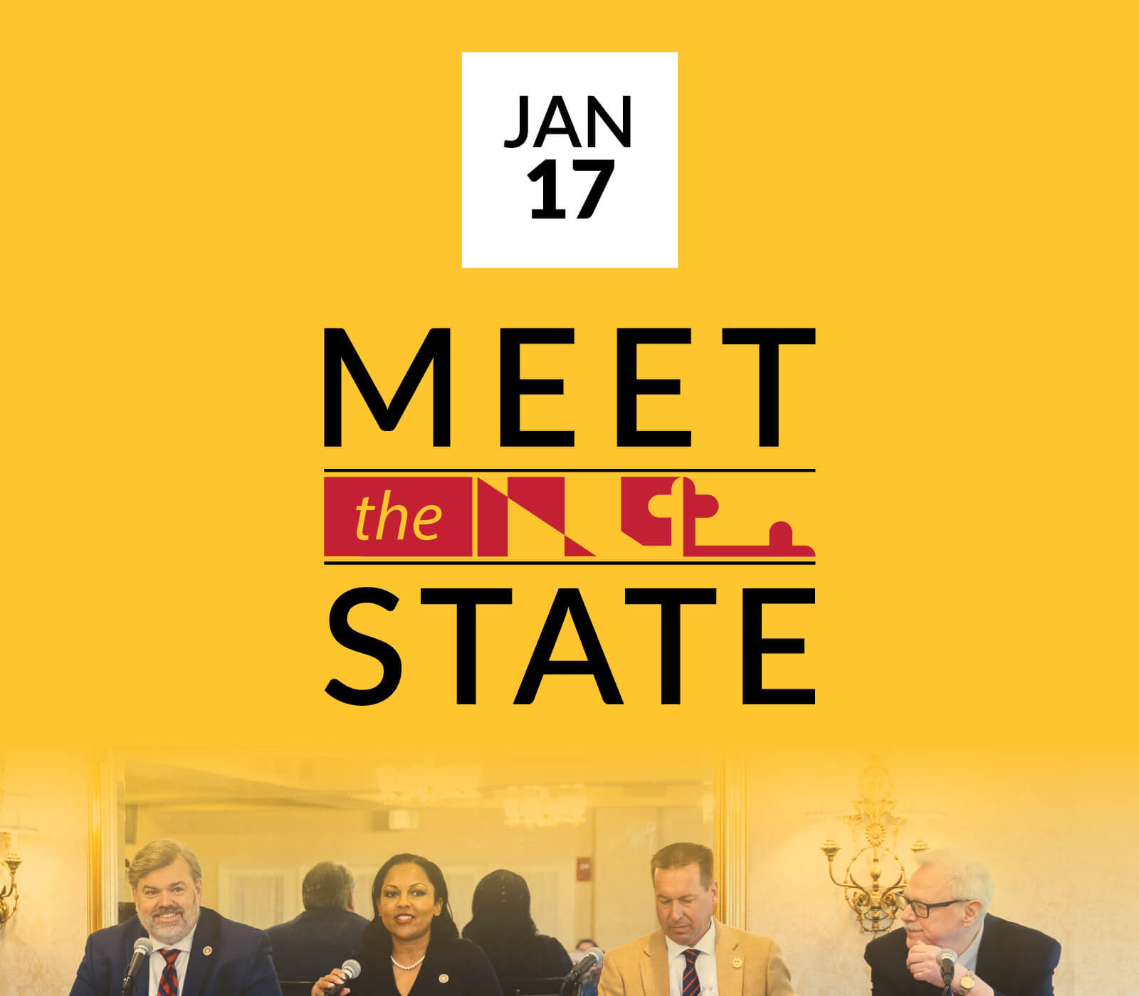 A yellow color overlaying a photo showing four individuals sitting on a stage with microphones as they present as part of a panel discussion. The text Jan 17 and a logo with text saying Meet the State are shown as well.