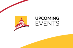 Maryland Chamber of Commerce icon with upcoming events headline, a red arc showing across the top left and a yellow swoosh at the bottom right.