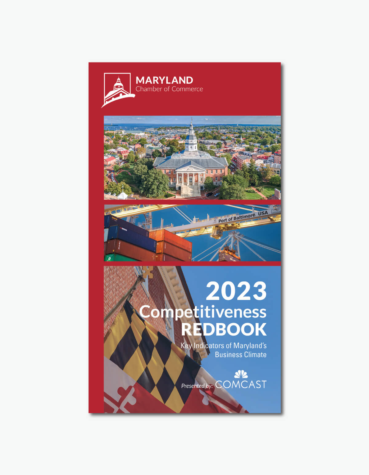 The front cover of the Maryland Chamber of Commerce’s 2023 Competitiveness Redbook, which includes numerous charts providing information about where Maryland ranks in terms of key economic indicators versus other states.