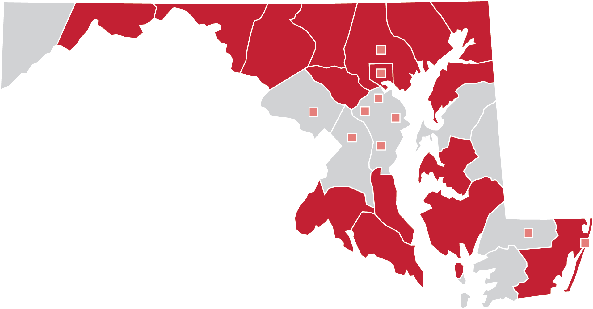 Map of Maryland counties; counties with a participating local or regional chamber who are members of the Maryland Chamber Federation are highlighted in red or with salmon-colored squares.