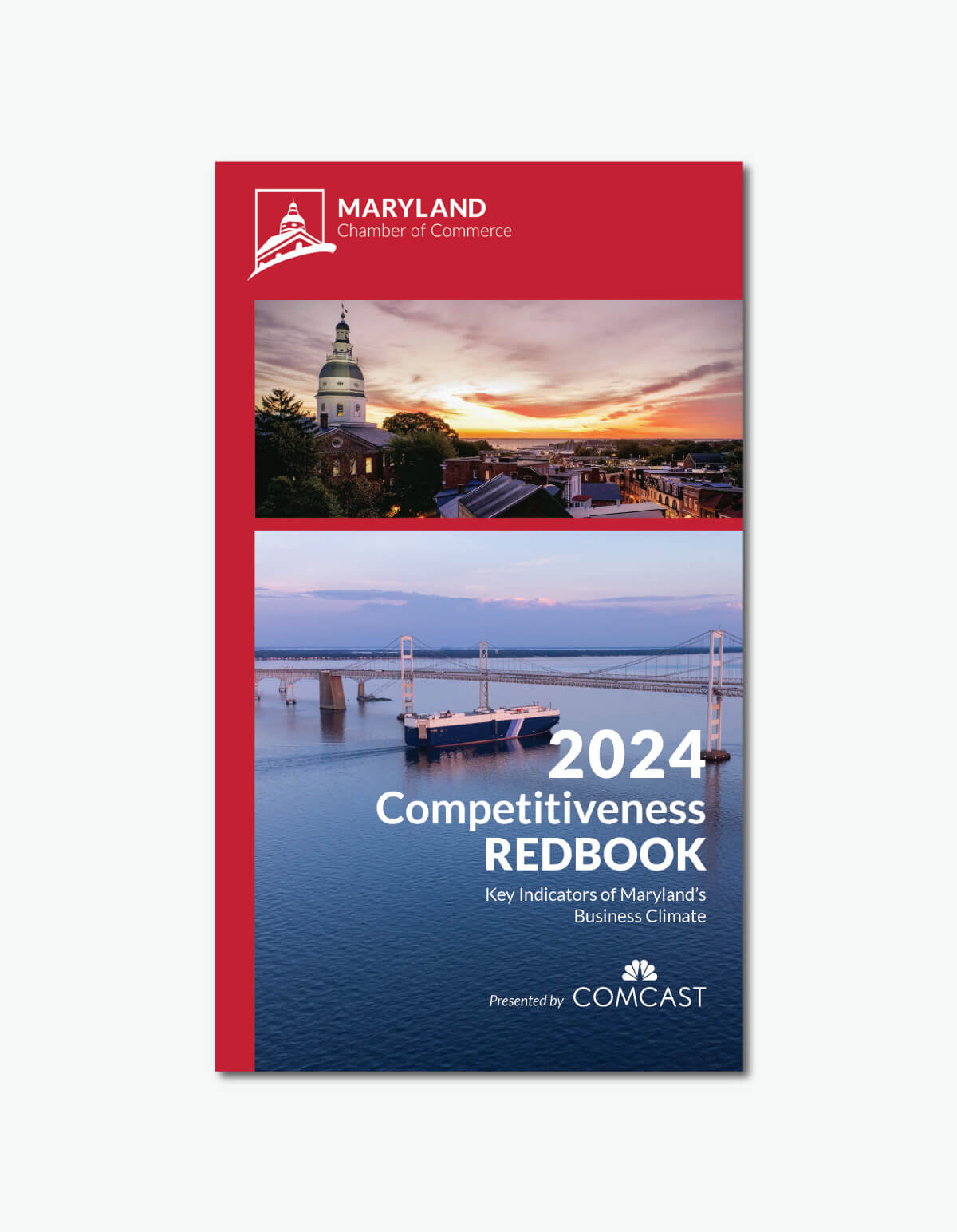 Front cover of the Maryland Chamber of Commerce’s 2024 Competitiveness Redbook, which includes numerous charts providing information about where Maryland ranks in terms of key economic indicators versus other states.