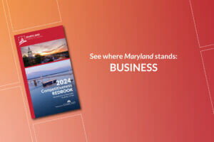 A graphic showing the Maryland Chamber of Commerce Redbook Cover on top of a red gradient background.