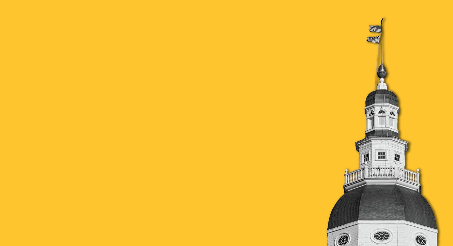 Black and white cutout of Maryland State House dome against a yellow background.