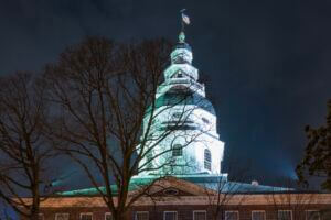 Winter night showing the illuminated Maryland State House dome in downtown Annapolis, Maryland.