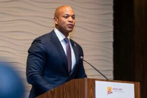 Governor Wes Moore speaking to attendees of the Maryland Chamber of Commerce's Maryland Business Outlook 2024 event.