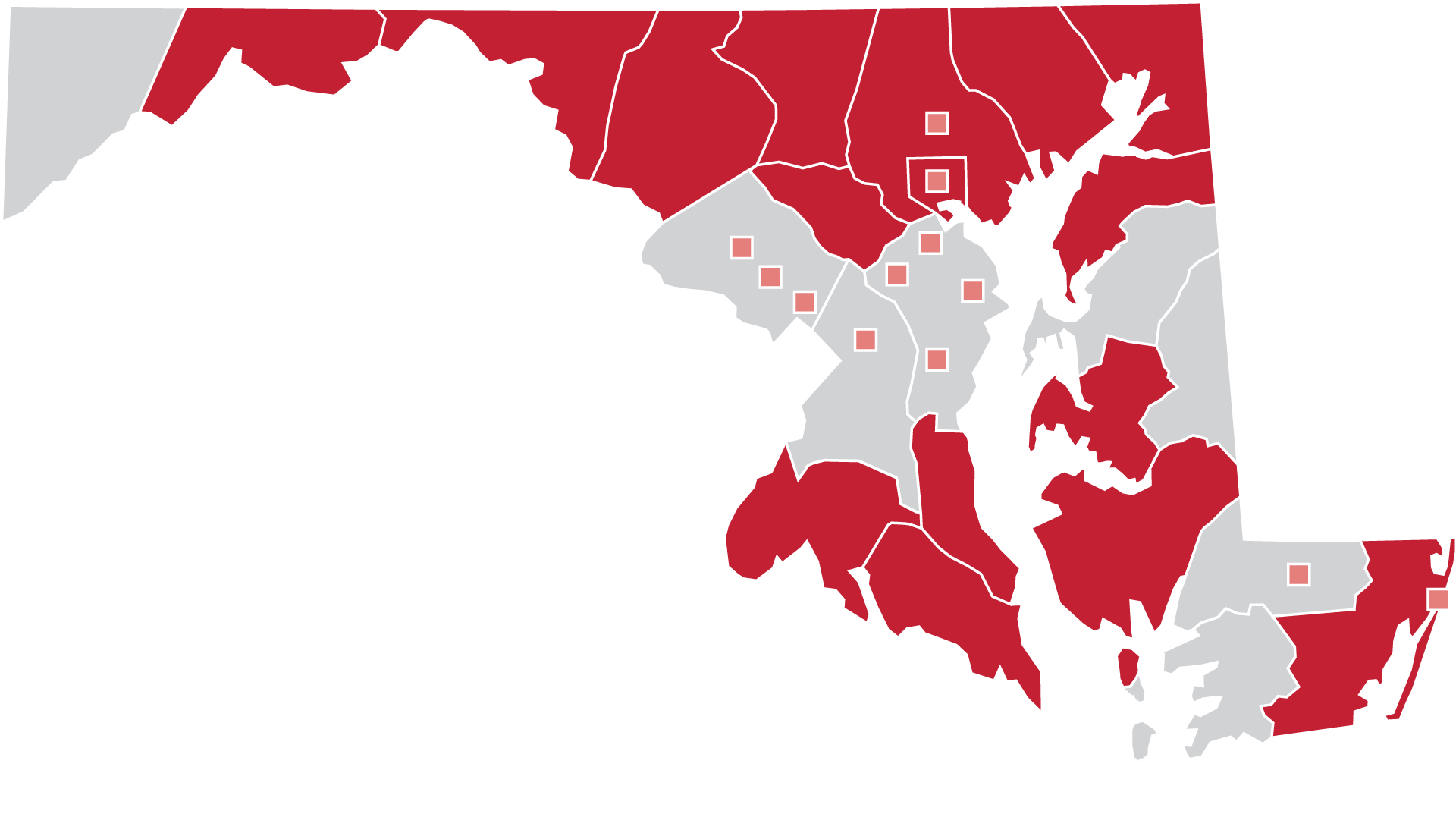 Map of Maryland counties; counties with a participating local or regional chamber who are members of the Maryland Chamber Federation are highlighted in red or with salmon-colored squares.
