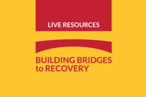 Yellow background with the Building Bridges to Recovery campaign logo in white with a yellow flag and Live Resources written inside.