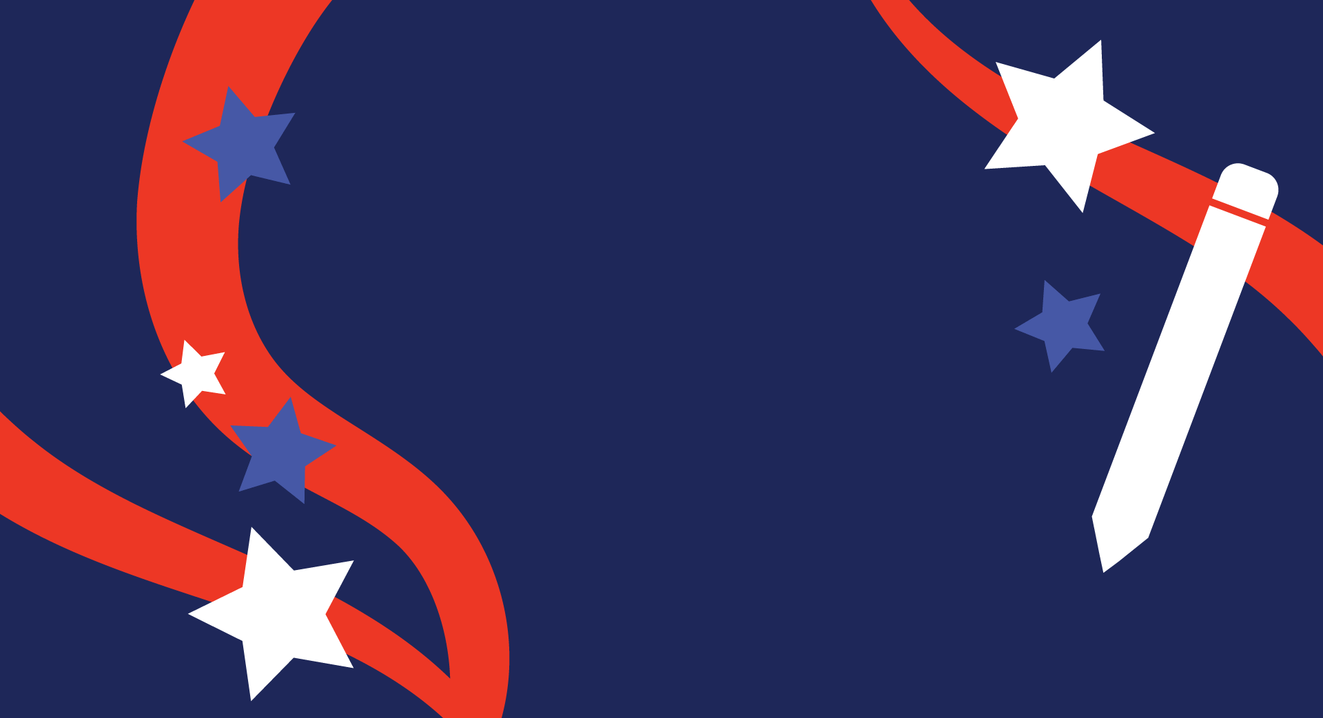 Graphic with blue background, red stripes, white stars and white pencil