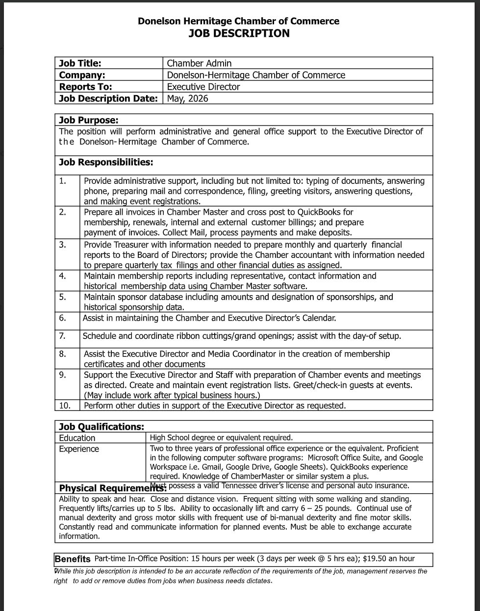 Black & White image of DH Chamber Admin Job description with PDF of job description linked