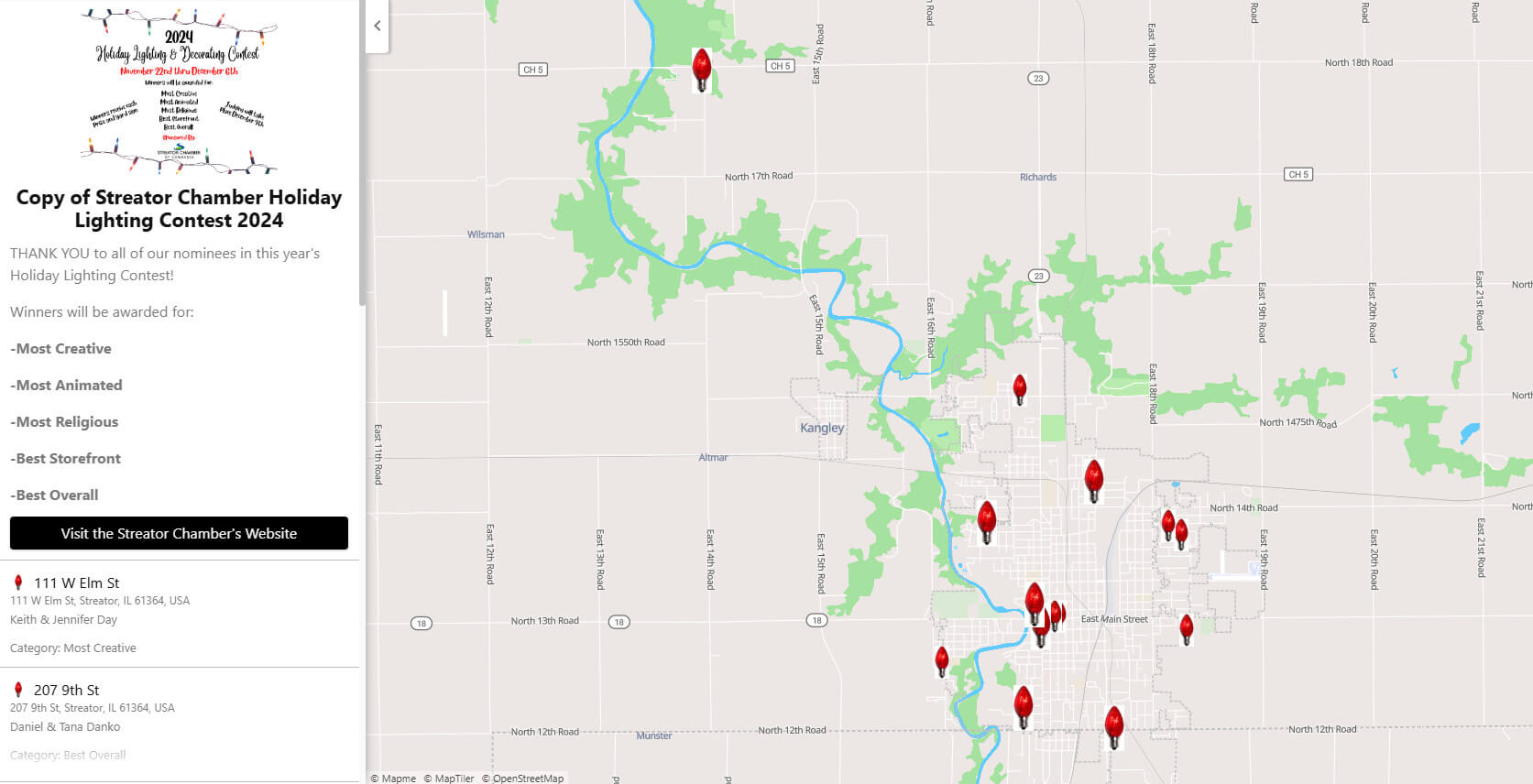 2025 Streator Chamber Holiday Lighting Contest Map