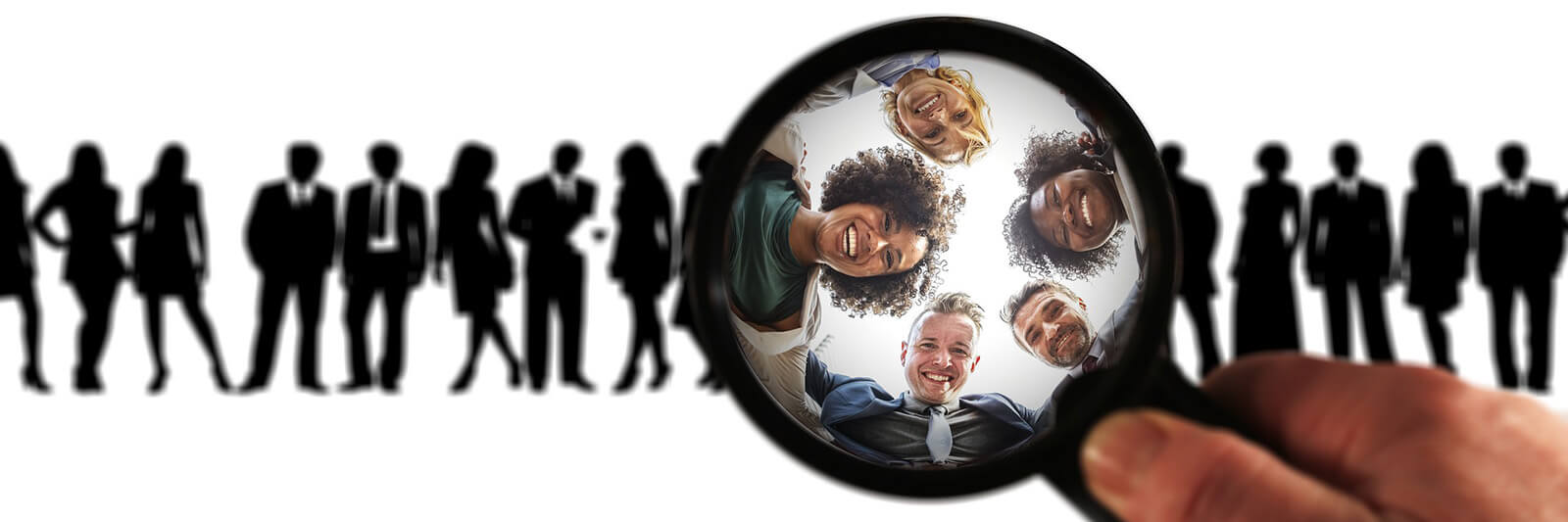 magnifying glass with 5 people smiling back