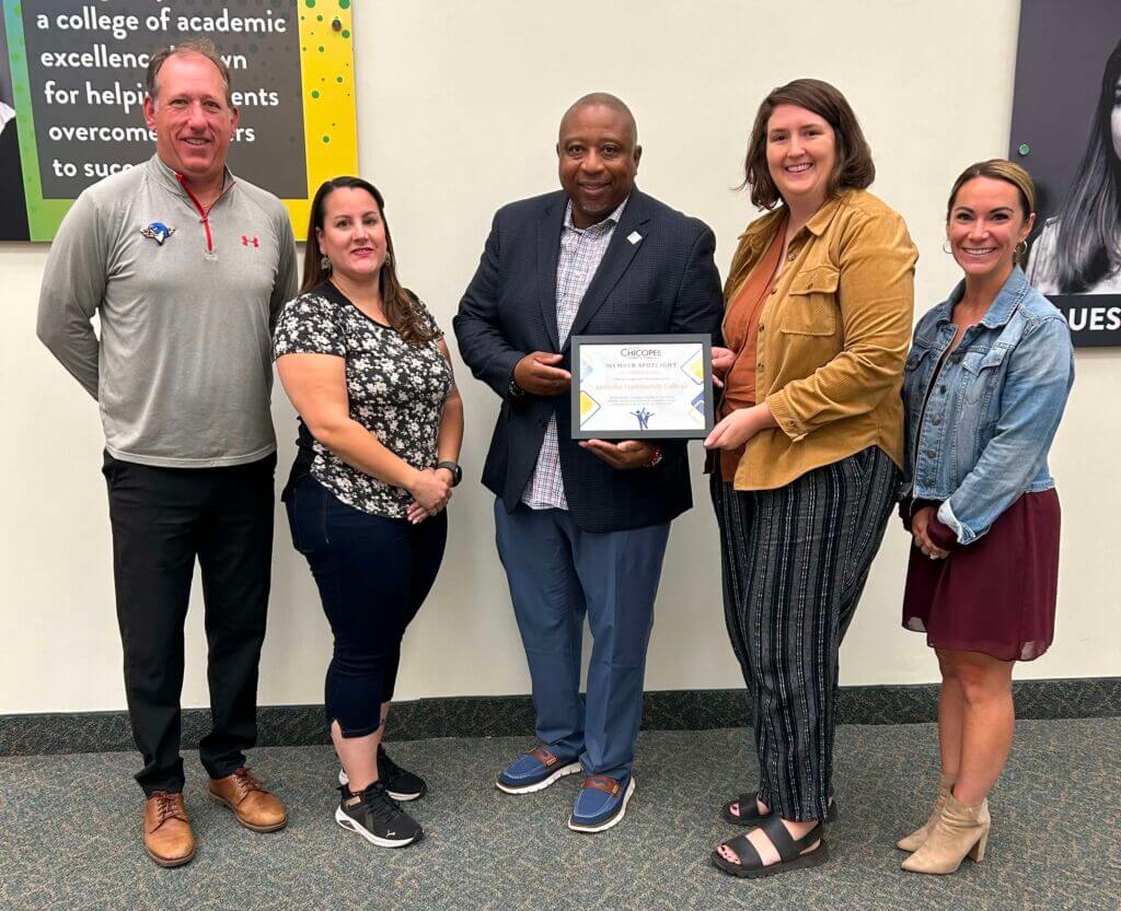 from left to right: Todd McDonald of Springfield Thunderbirds, Stefany Scliopou of Parkinson's Foundation, Dr. George Timmons of Holyoke Community College, Melissa Breor of Chicopee Chamber, and Heather Leclerc of Home Builders and Remodelers Association of Western Massachusetts