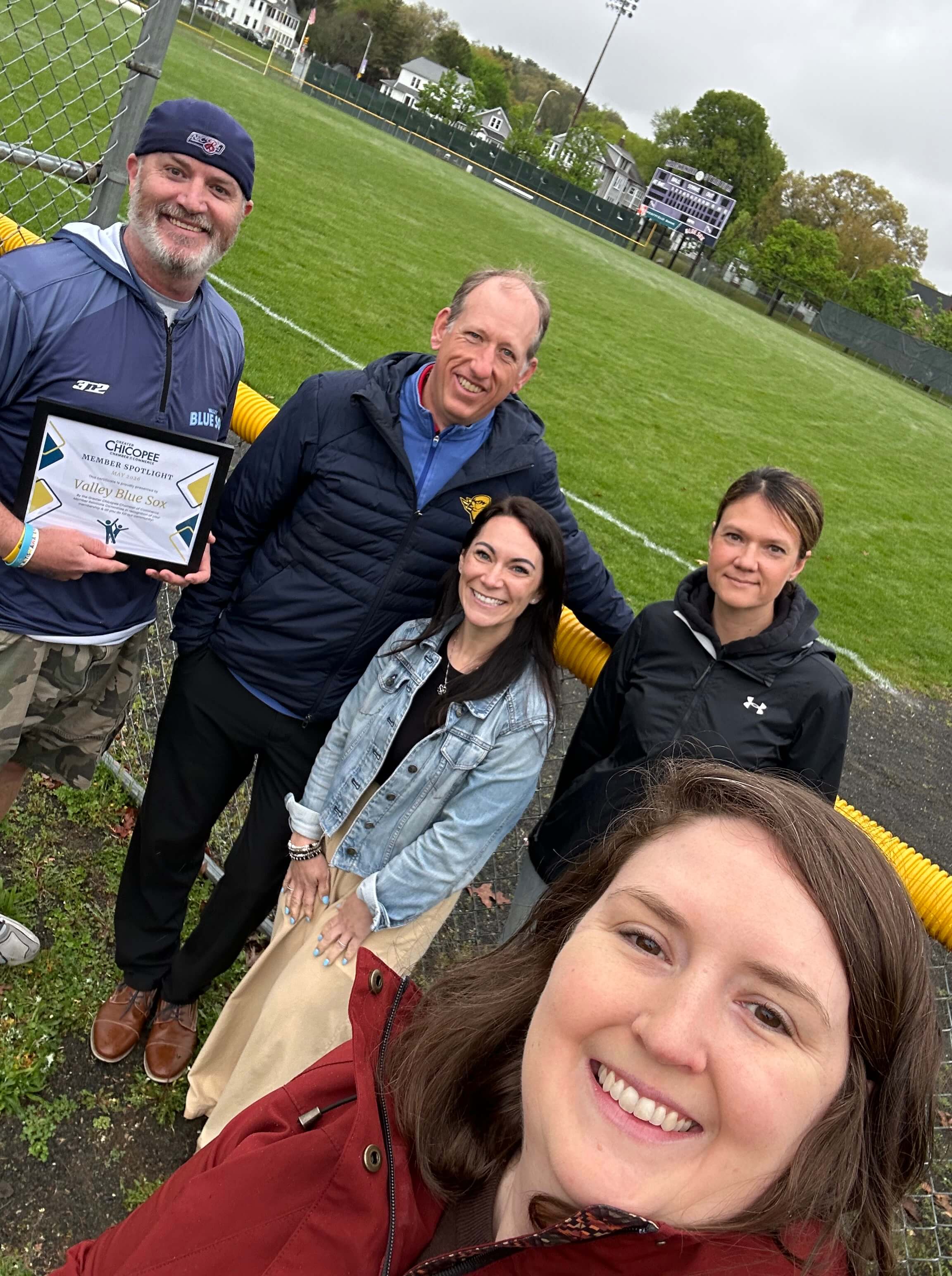 From L to R: Brandon Seymour of the Valley Blue Sox; Todd McDonald of Springfield Thunderbirds; Heather Leclerc of Home Builders and Remodelers Association of Western MA; Lynn Morrissette of the Boys and Girls Club of Chicopee; and Melissa Breor of the Chicopee Chamber of Commerce.