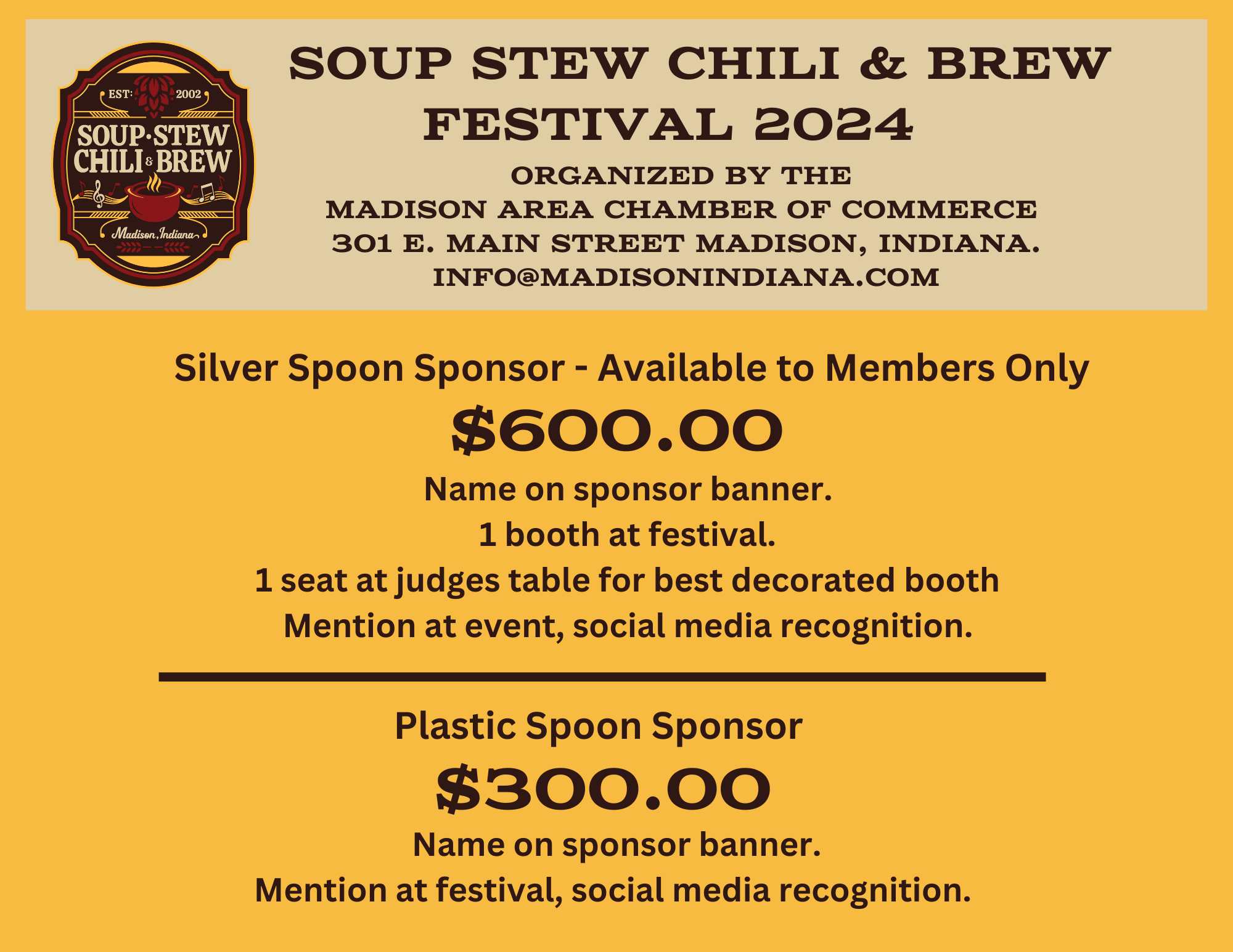 Sponsorship 10 - 2024 Soup Stew Chili and Brew Silver and Plastic Sponsor